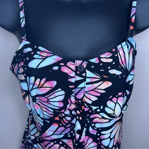 MEDIUM JUNIORS BLACK COLORFUL BUTTERFLY TANK RETRO SLEEVELESS STRETCH TOP - Picture 7 of 12